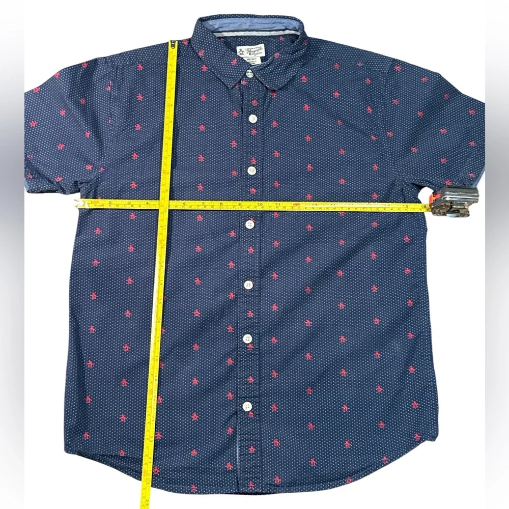The Original Penguin Big Boys Storm Navy Button-Up Shirt‎ Red Penguins 14/16Y